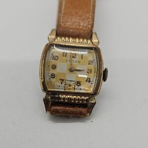Vintage Gold and Brown Leather Watch, Great Checkerboard